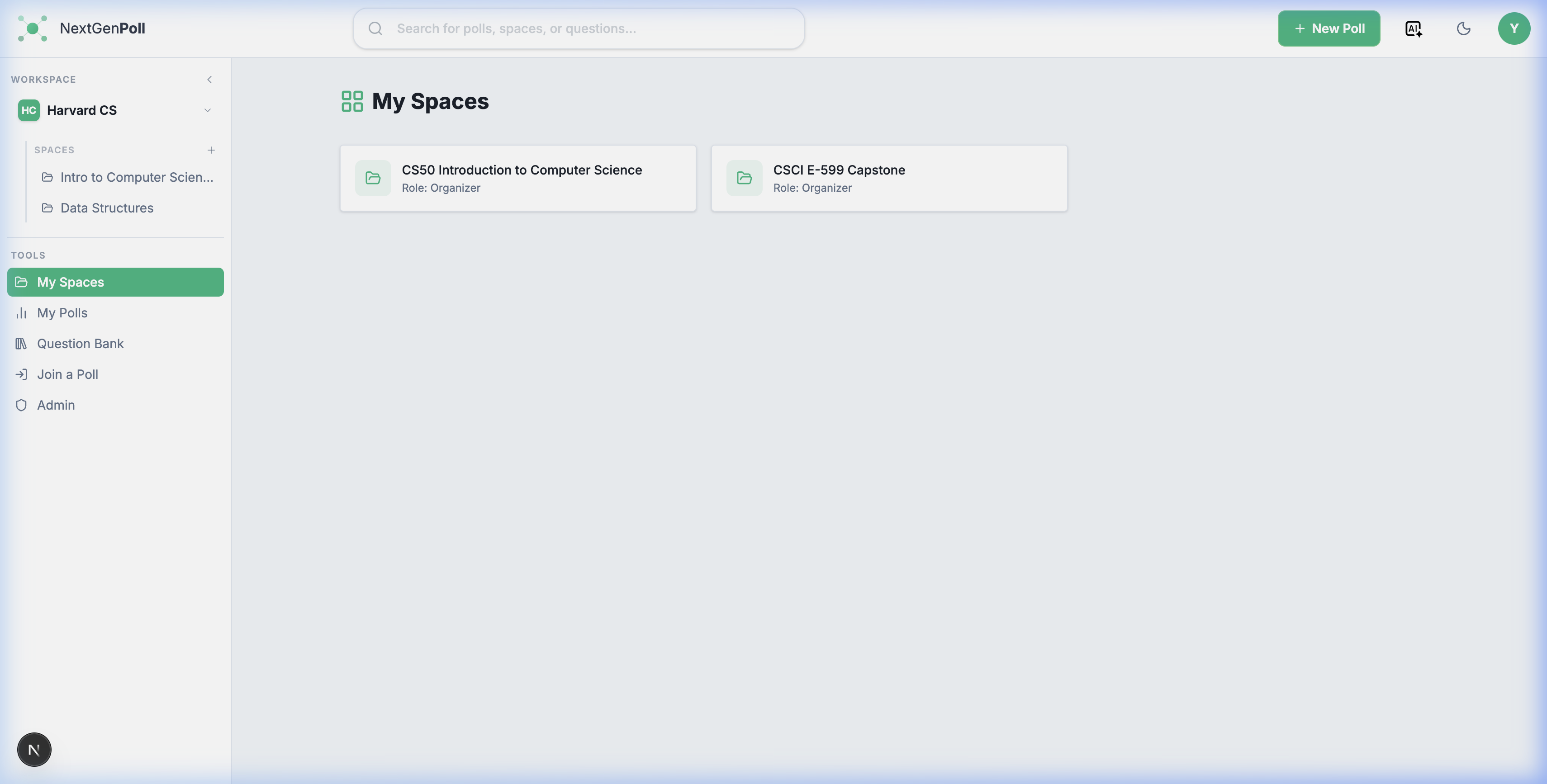 Dashboard View - Shows the sidebar hierarchy and the 'New Poll' button.