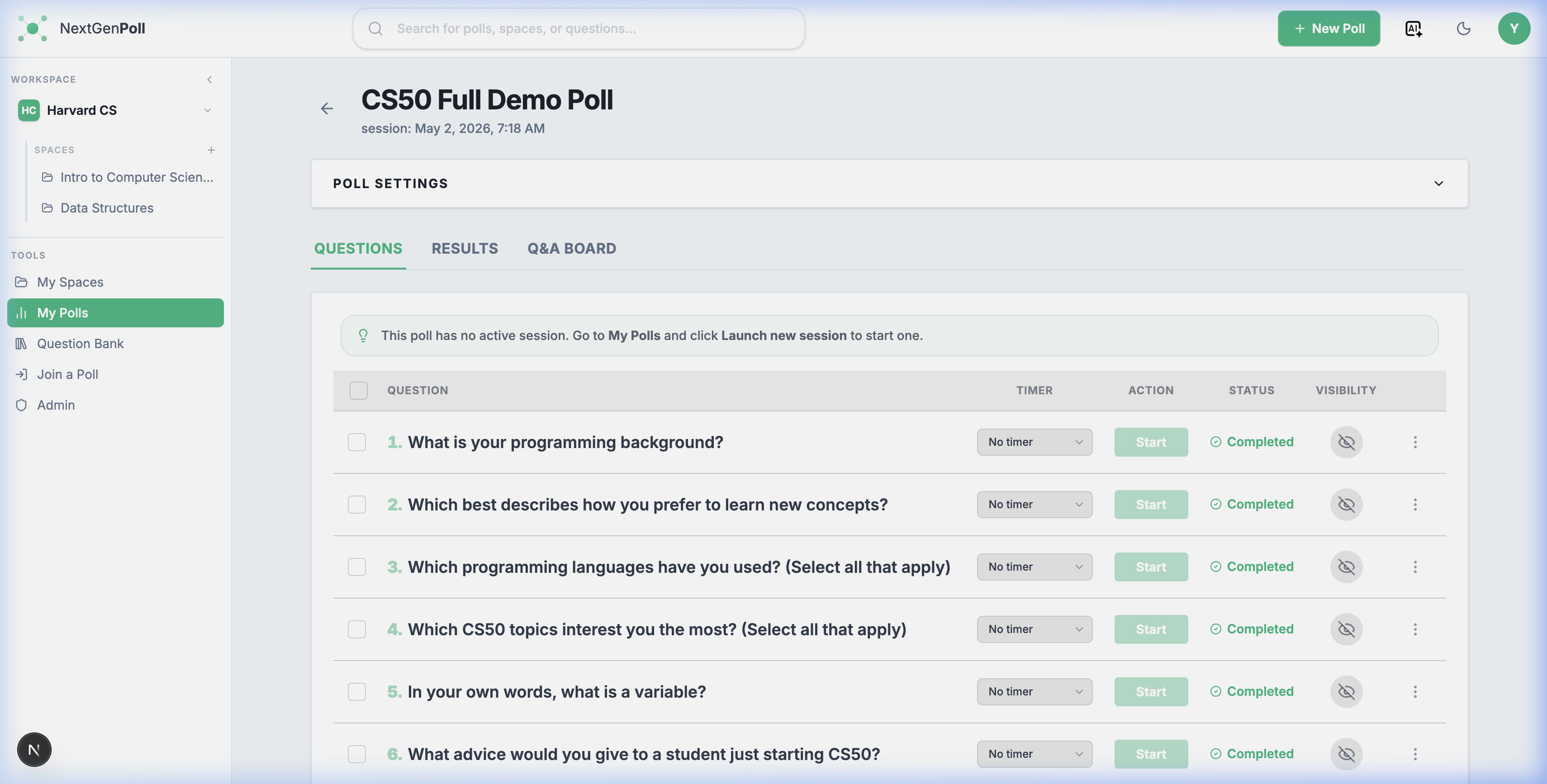 Poll Editor - Shows the question grid, reordering handles, and the 'Add Question' button.
